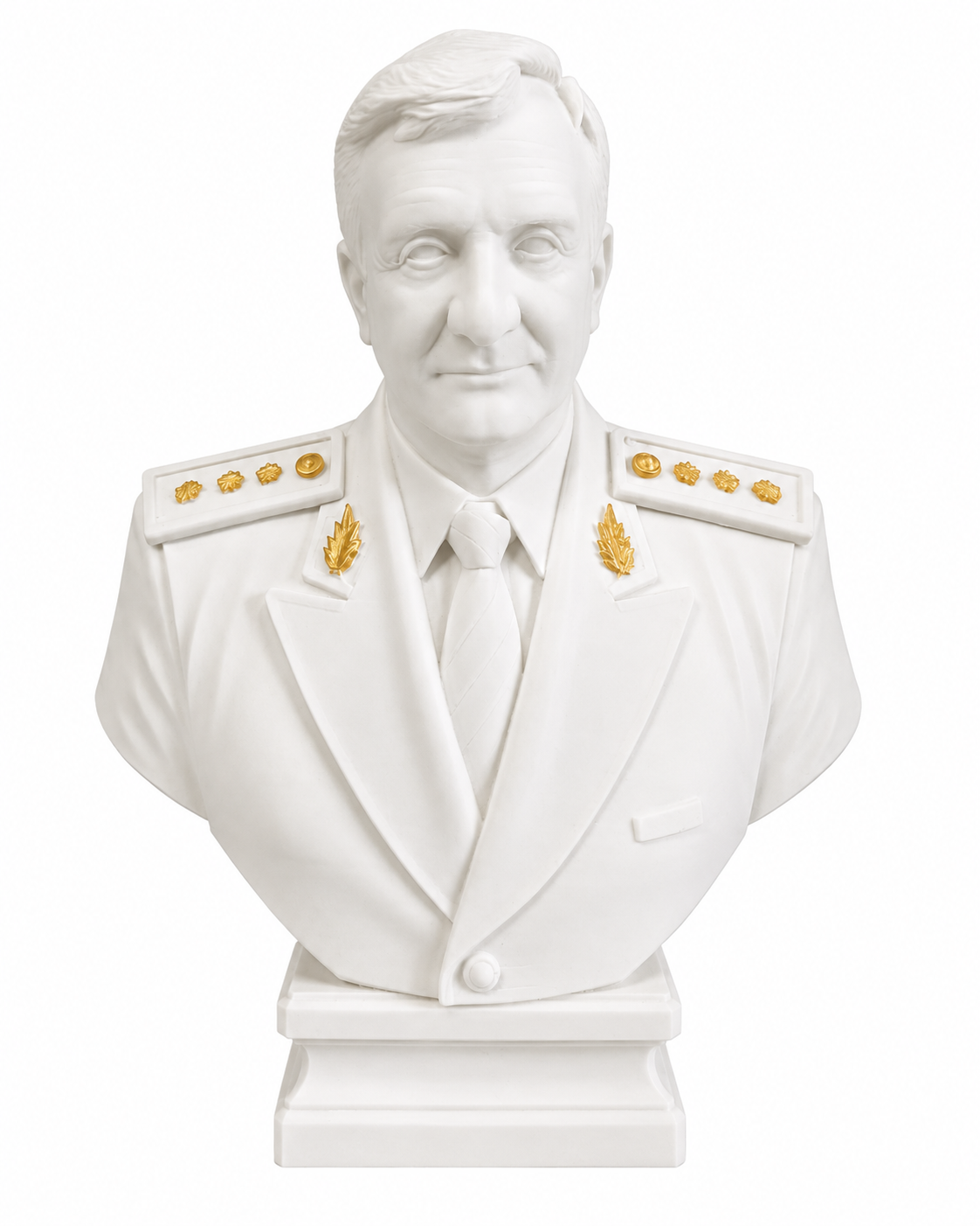 Bust 3D personalizat după poză, realizat în alb, cu uniformă și detalii aurii pictate manual
