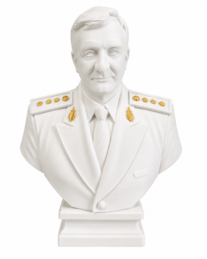 Bust 3D personalizat după poză, realizat în alb, cu uniformă și detalii aurii pictate manual