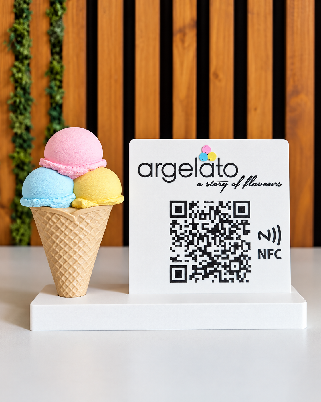 Stand Google Reviews pentru gelaterie cu cod QR si NFC