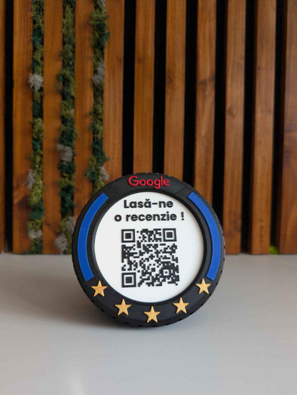 Stand recenzii Google pentru vulcanizare si service roti, model anvelopa 3D cu QR