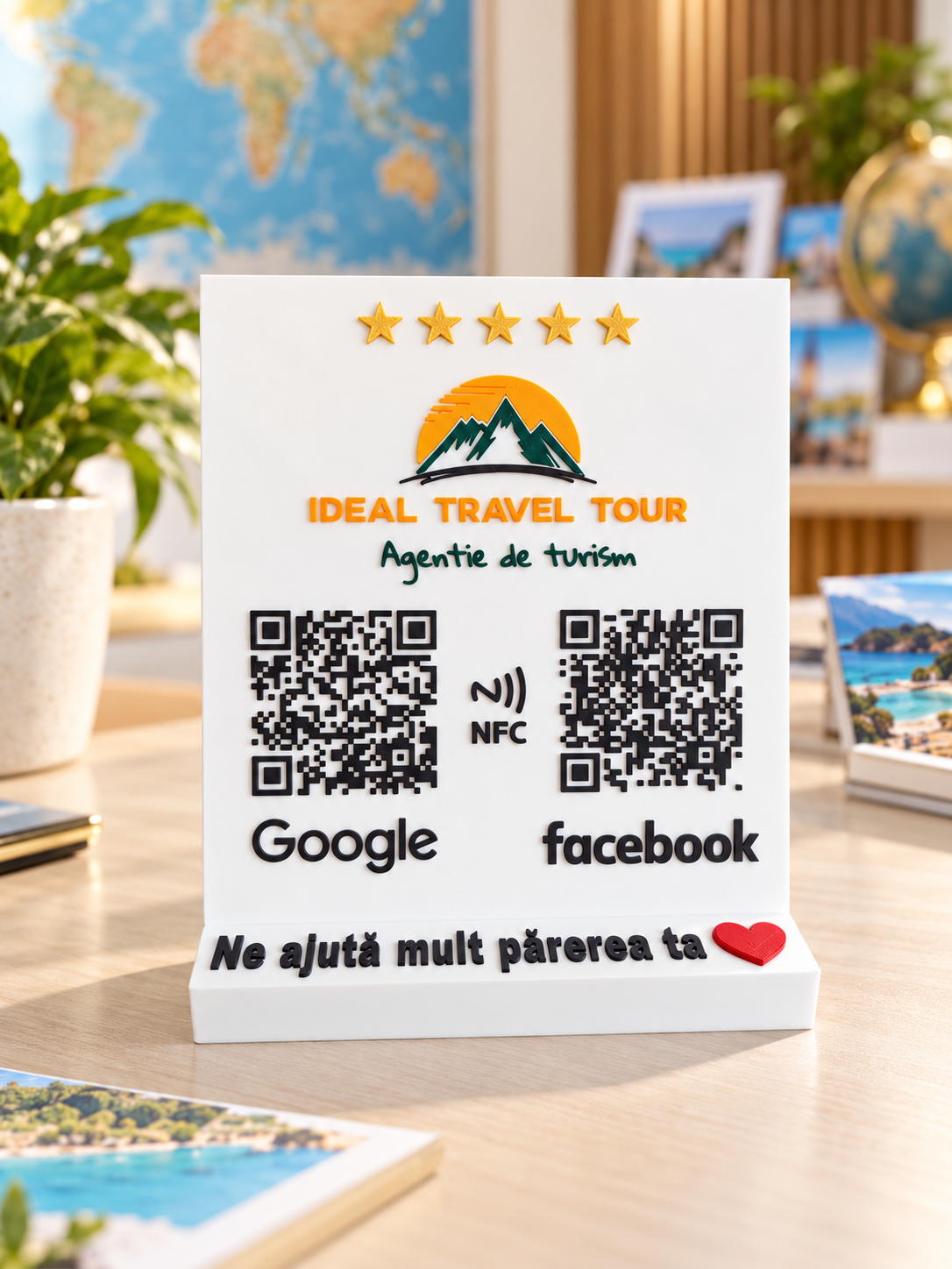 Stand recenzii Google și Facebook cu logo de agenție de turism, pe birou