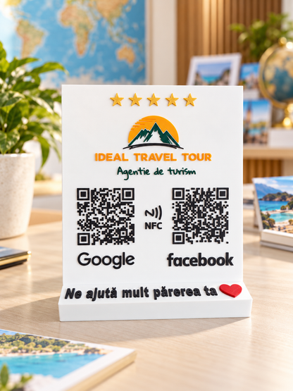 Stand recenzii Google și Facebook cu logo de agenție de turism, pe birou