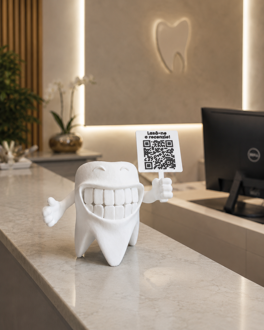 Stand recenzii Google pentru cabinet stomatologic, model dinte 3D cu QR, asezat pe receptie