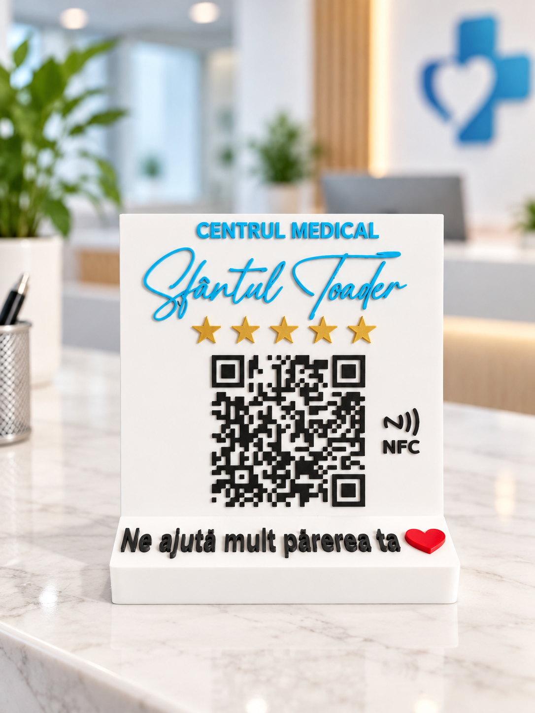 Stand recenzii Google personalizat pentru centru medical, cod QR și NFC