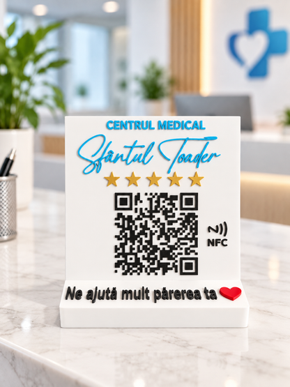 Stand recenzii Google personalizat pentru centru medical, cod QR și NFC
