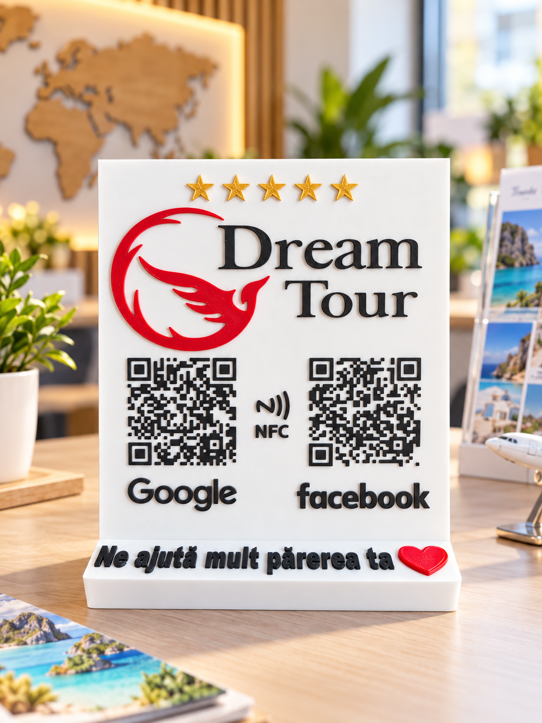 Stand recenzii cu două coduri QR, Google și Facebook, pentru agenție de turism