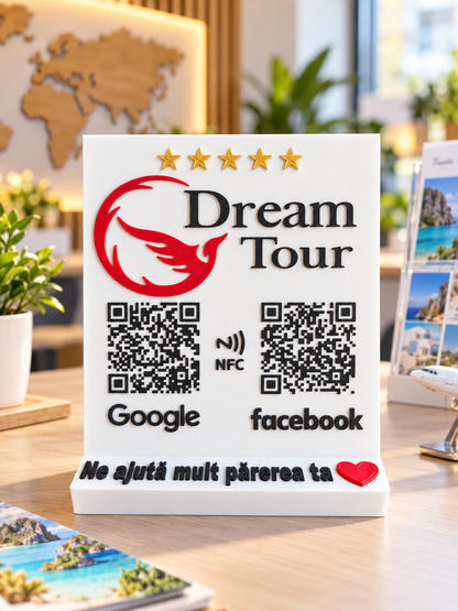 Stand recenzii cu două coduri QR, Google și Facebook, pentru agenție de turism