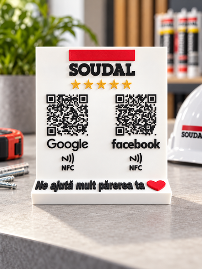 Stand recenzii cu coduri QR și NFC pentru Google și Facebook, într-un magazin