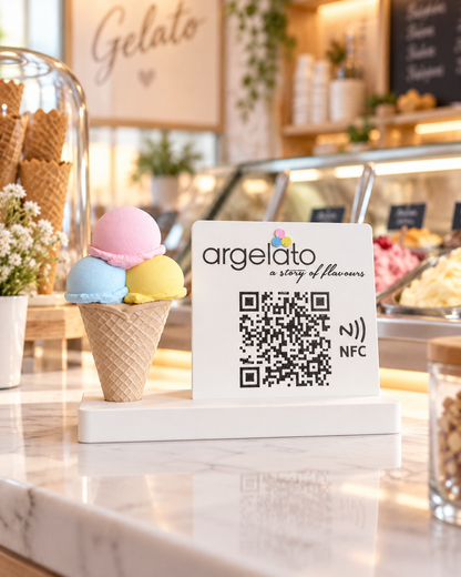 Stand recenzii Google pentru gelaterie cu inghetata, QR si NFC