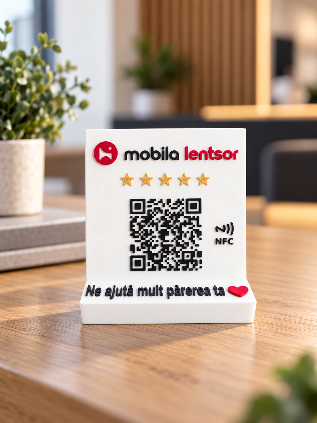 Stand recenzii Google personalizat cu logo de firmă, cod QR și NFC, pe birou