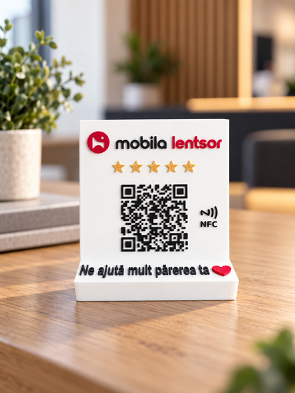 Stand recenzii Google personalizat cu logo de firmă, cod QR și NFC, pe birou