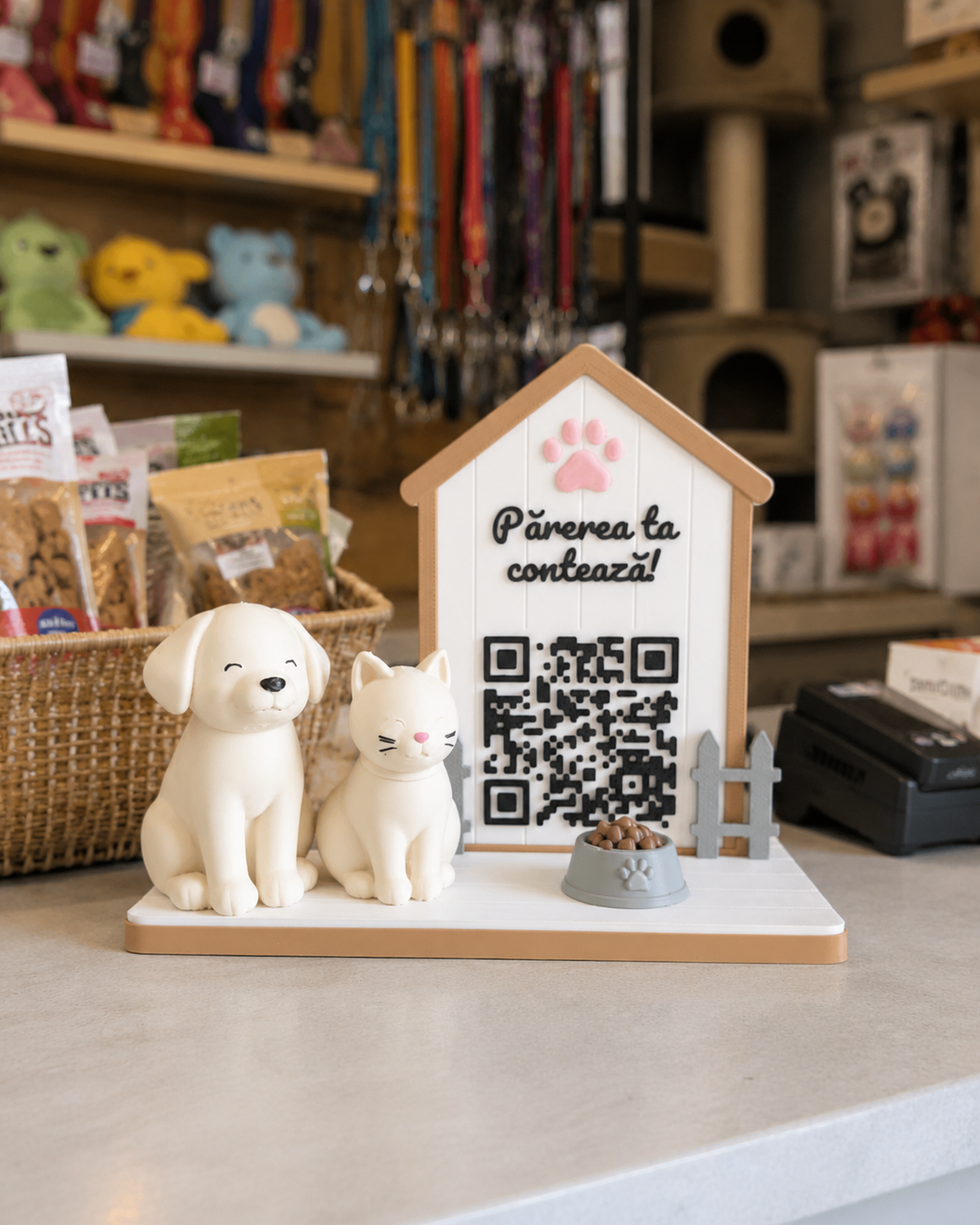 Stand recenzii Google pentru pet shop cu caine, pisica si cod QR personalizat