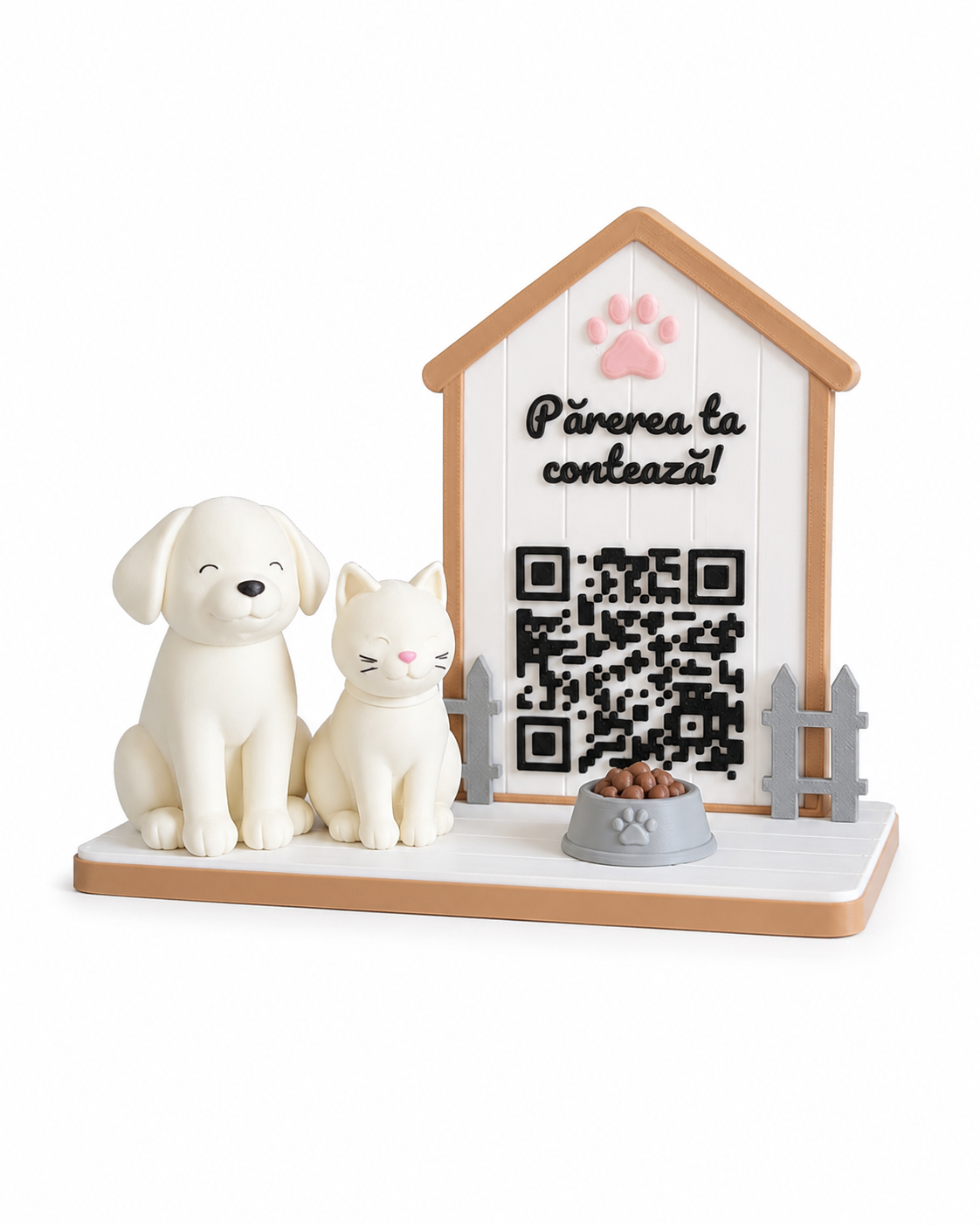 Stand recenzii Google pentru pet shop asezat pe tejghea intr-un magazin pentru animale