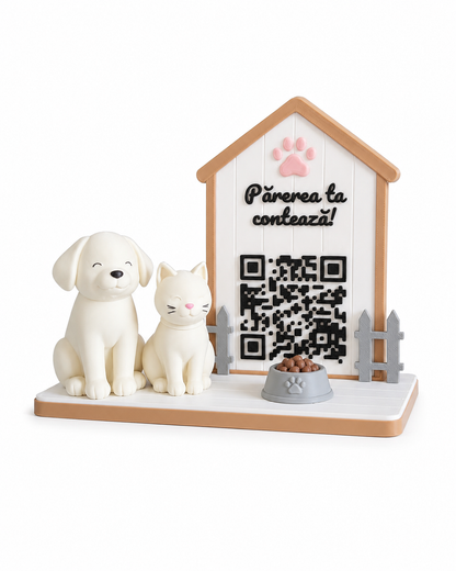 Stand recenzii Google pentru pet shop asezat pe tejghea intr-un magazin pentru animale