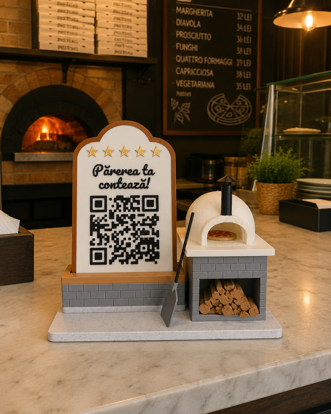 Stand recenzii Google pentru pizzerie cu design 3D in forma de cuptor de pizza, cod QR si NFC