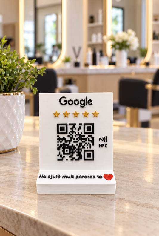 Stand recenzii Google alb cu cod QR și NFC pe tejgheaua unui salon