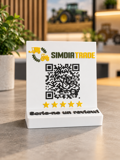 Stand recenzii Google cu logo de firmă și mesajul „Scrie-ne un review!”